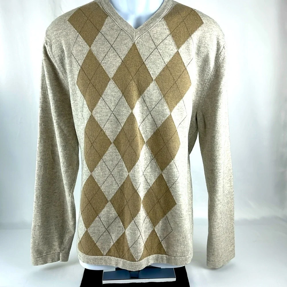Banana Republic Cotton Cashmere Argyle Sweater XL Tan Heathered Cream/Gray Brown